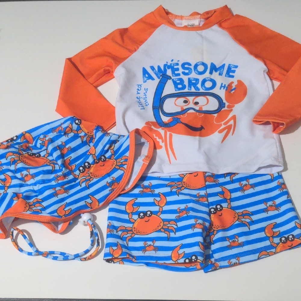 Rash Guard Boys Blue & Orange Crab 3 Piece Swimsuit. Size 18-24 Months NWT